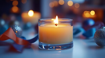 A single candle burns brightly surrounded by festive ornaments