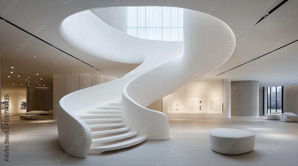 Poster a modern white staircase spiraling into a void