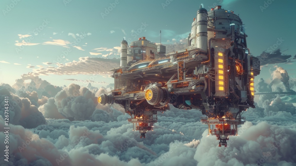 Poster futuristic floating industry complex above dreamlike clouds with advanced technology and infrastruct