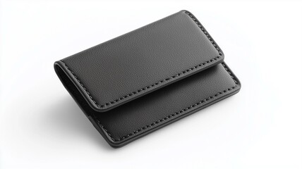 Photorealistic image of a black leather business card holder with a magnetic closure, isolated on a white background
