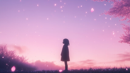 Obraz premium 桜の花びらが舞う中、空を見上げる小学生のシルエット