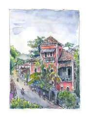 Watercolor sketch of Panaji, Goa, in monsoon. Features Indo-Portuguese architecture, colonial house, greenery, palms, rainy sky, people walking, and a scooter rider. Atmospheric urban scene