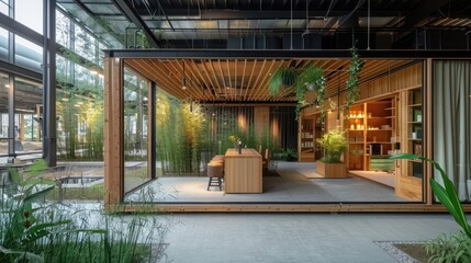 Fototapeta premium Modern Upscale Interior of an Industry Office with Natural Elements and Open Space Design