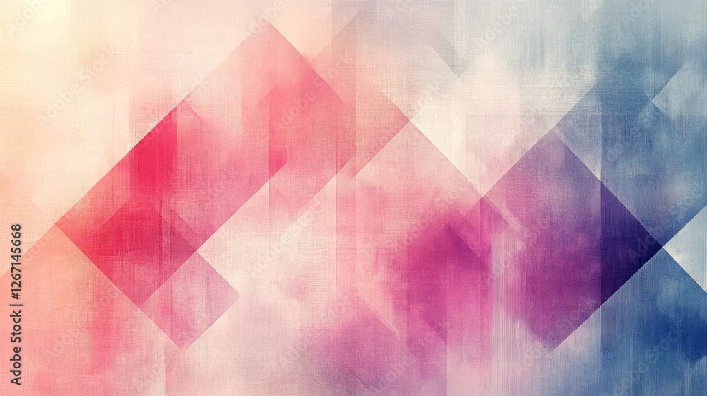 Poster abstract geometric composition features overlapping translucent shapes and blurred hues