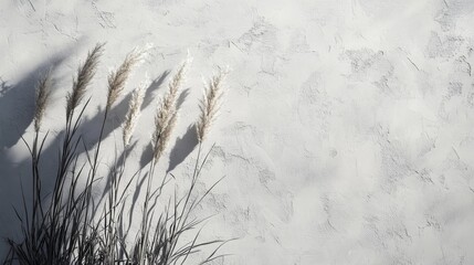Obraz premium Pampas grass stands against a textured wall casting long shadows