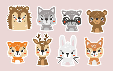 Obraz premium Wild animals Stickers, cute forest animals, kids vector cartoon