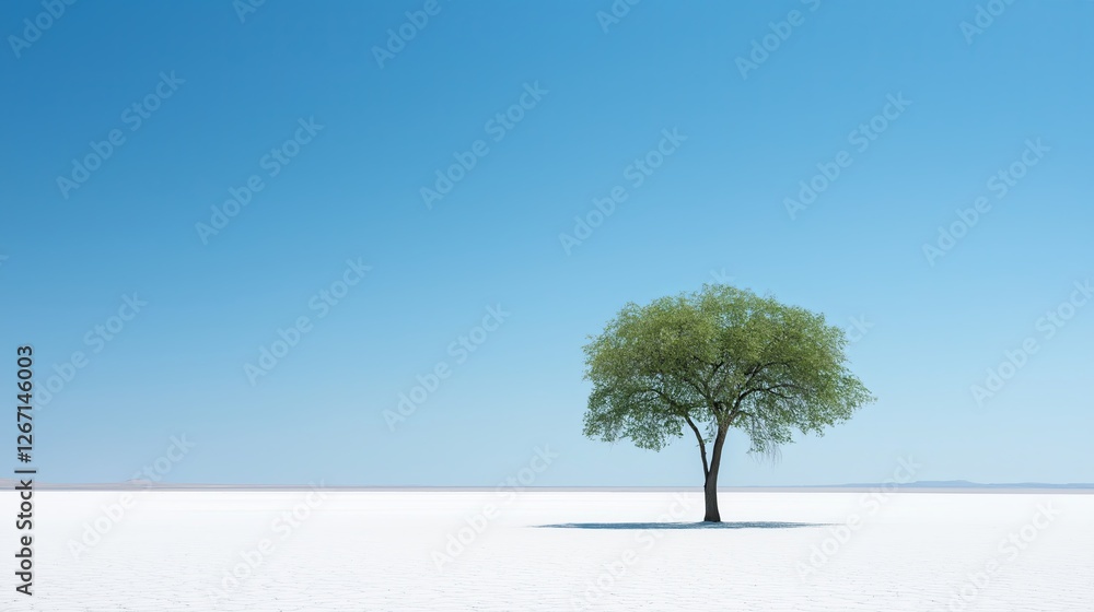 Poster a single tree standing in the middle of a vast white desert.