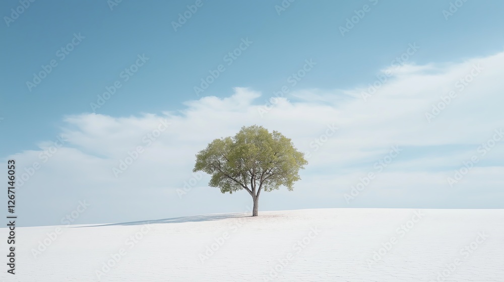 Poster a single tree standing in the middle of a vast white desert.