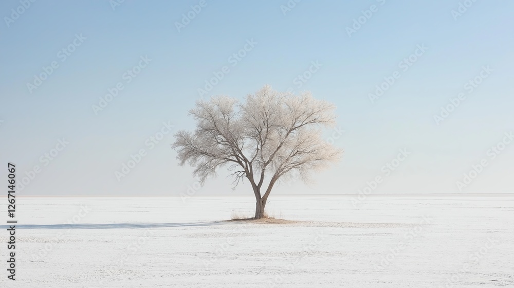 Poster a single tree standing in the middle of a vast white desert.