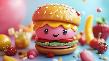 Adorable Cartoon Burger with Yummy Surrounding Treats