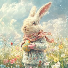 Fototapeta premium Charming White Rabbit with Decorated Egg in Spring Flower Field