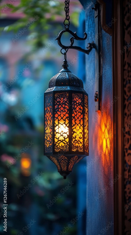 Poster a beautifully crafted ramadan lantern hangs elegantly, casting intricate patterns of light on the su