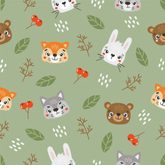 Fototapeta premium Wild animals pattern, cute wild animals, kids pattern, forest vector, cartoon, seamless pattern