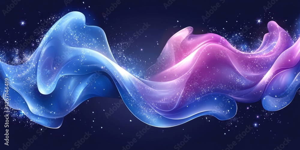 Poster abstract flowing lines of blue and pink light with sparkling particles on a dark background