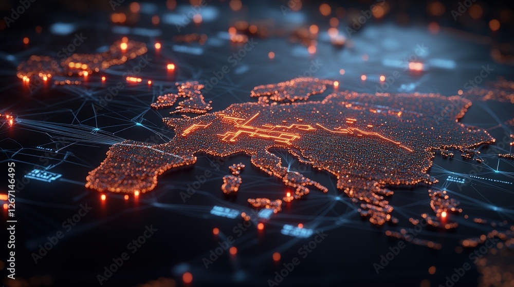 Poster world map with illuminated connections representing global supply chain and interconnected shipping 