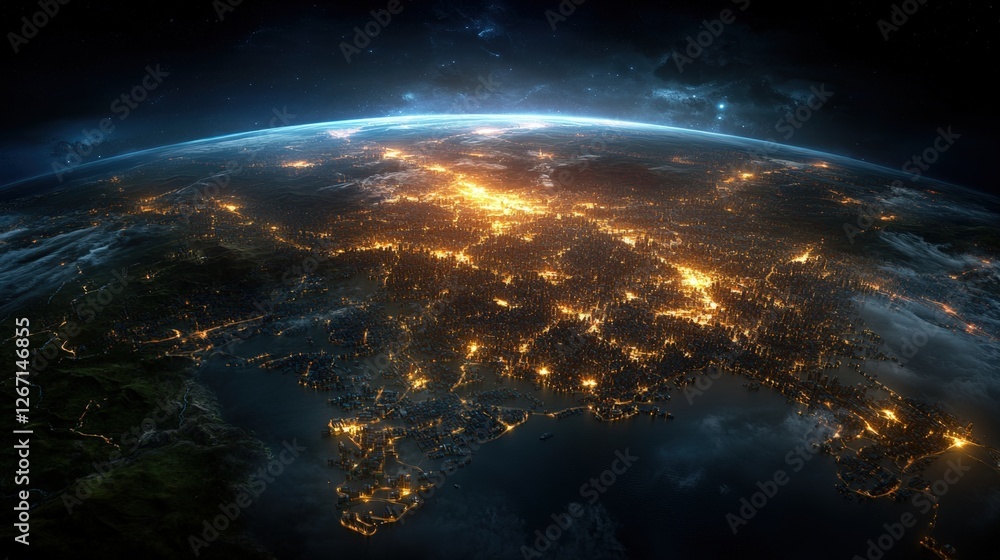 Poster view of earth from space with global supply chain network and interconnected shipping routes
