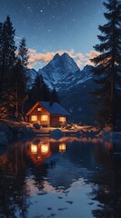 Fototapeta premium A serene cabin by a lake, reflecting mountains and stars in a tranquil evening setting.