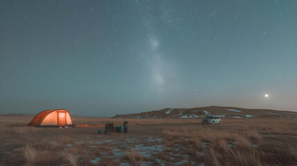 Night camping under Milky Way, desert landscape, car parked nearby