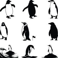 Obraz premium Penguin Silhouettes Set, Penguin Cartoon Illustration Set, Penguin Vector Illustration