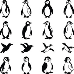 Naklejka premium Penguin Silhouettes Set, Penguin Cartoon Illustration Set, Penguin Vector Illustration