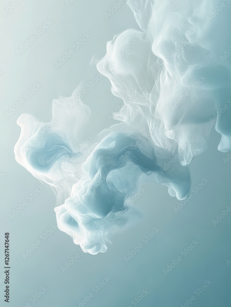 Poster Wispy white smoke forms dancing in the air against a soft blue background during daylight. Generative AI