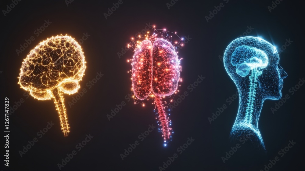 Poster three glowing brain models with a hologram of human body 3d structure on a dark background