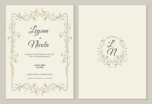 Elegant invitation cards template. Rectangular frame and oval floral monogram. Intertwining of flowering plant. Retro page design.