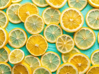 Fototapeta premium Pastel blue backdrop featuring a double exposure of lemon slices and whole lemons.