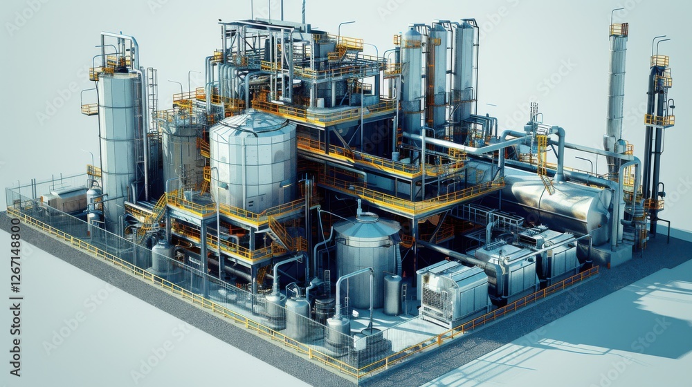 Poster modern industrial complex with advanced machinery and infrastructure in an upscale setting