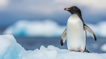 Obraz premium An Adlie penguin curiously tilting its head, inspecting a nearby ice formation