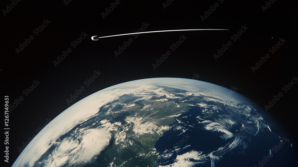 Poster earth from space: a breathtaking view of earth from space, featuring a luminous trail of a spacecraf