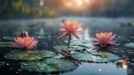 Serene morning scene with blooming water lilies on a tranquil pond, mist rising in the background