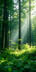 A lush green forest with sunlight filtering through the trees, symbolizing the beauty of nature on Earth Day