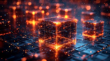 Glowing Cubes on Circuit Board, Digital Network, Data Flow