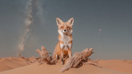 Wildd fox in dreamy night desert. Sacret design concept. Cute humanic animal in uncommonsurreal landscape. Dreamy background concept