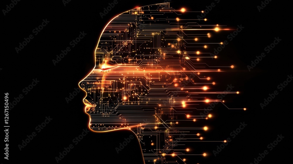 Poster Human face merging with glowing digital circuits creates a captivating fusion of technology and identity. Generative AI