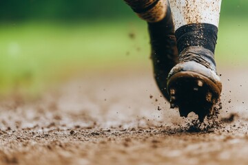 A close-up view of a muddy sports shoe stepping on a dirt field, showcasing motion and athleticism in an outdoor environment.