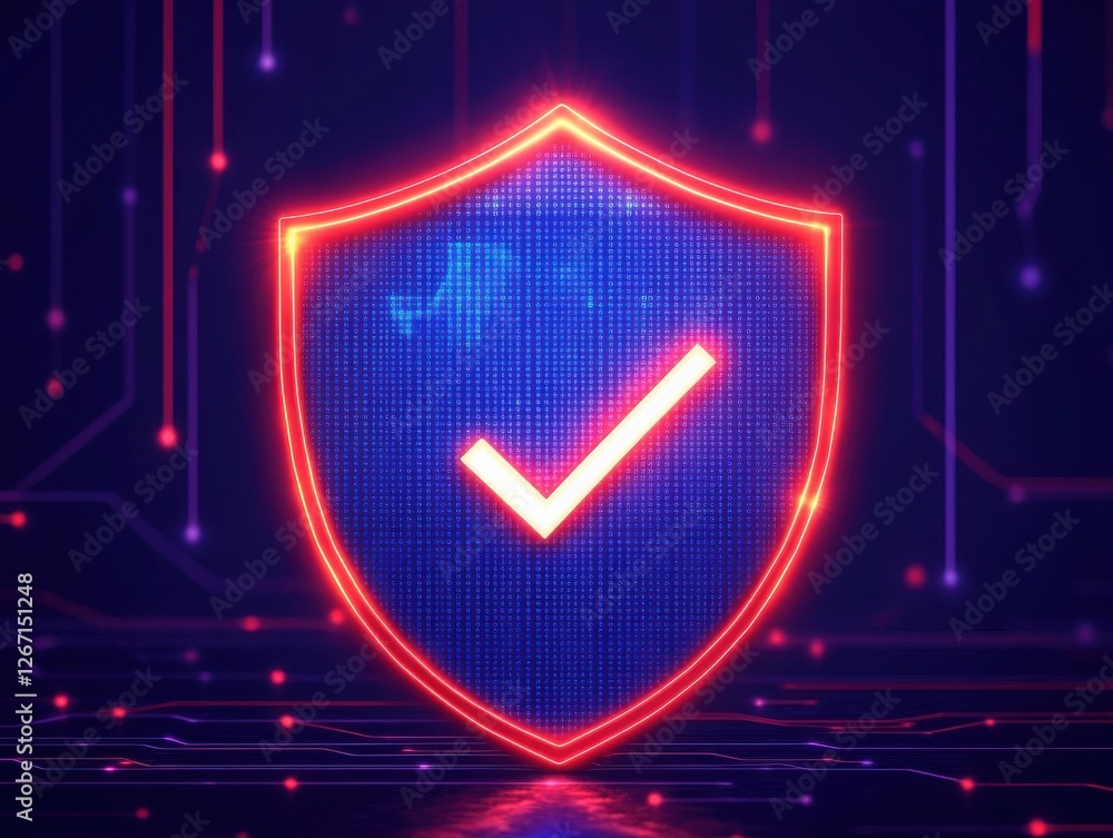 Poster a digital shield symbolizing cybersecurity with glowing check mark and vibrant colors.