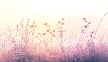 Fototapeta premium Dreamy Pastel Meadow, Watercolor Wildflowers, Soft Shadows, Peaceful Nature Background