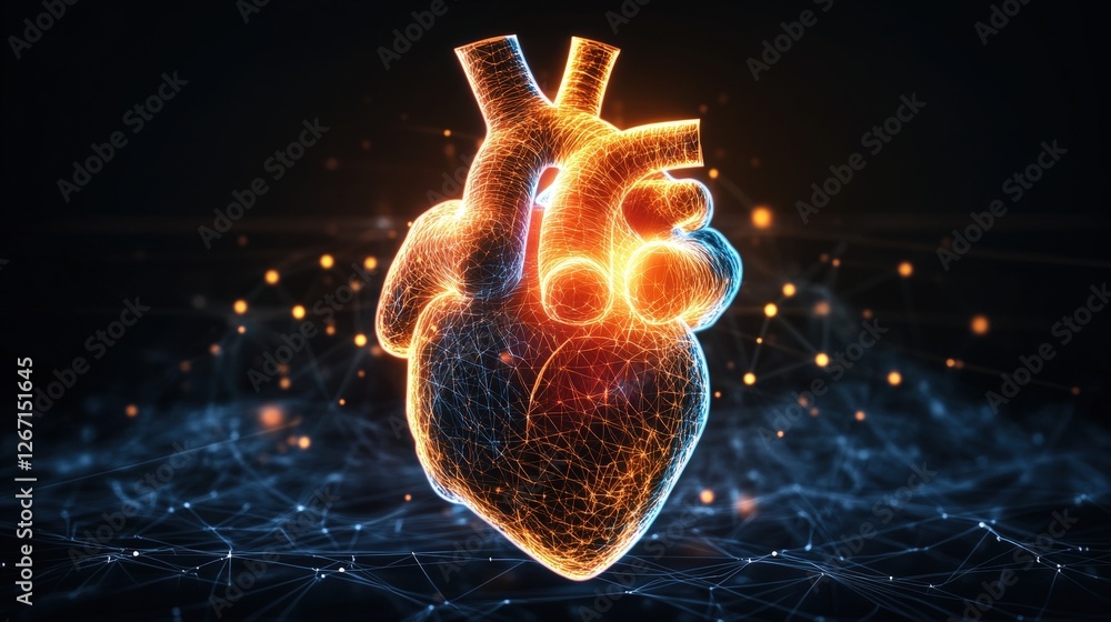 Poster glowing hologram of a human heart in the dark with connected lines and network visualization