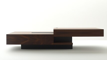 A wooden coffee table with a black base and a black top