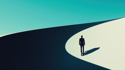 Businessman Walking Alone on Curved Road in Abstract Landscape