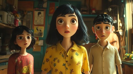 Three Animated Children Looking Up in a Room