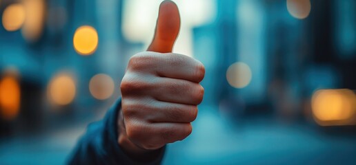 City thumbs up, positive gesture, bokeh background, approval