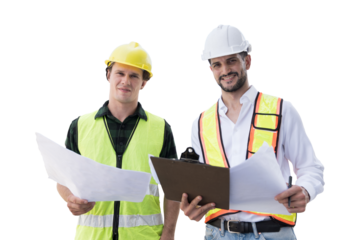 Team of male engineer construction working together on transparent background. Two male construction builder working on transparent background