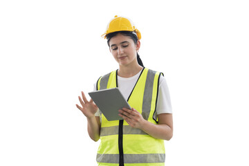 Woman engineer construction using digital tablet on transarent background. Female construction...