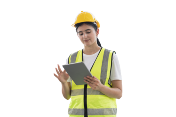 Woman engineer construction using digital tablet on transarent background. Female construction builder working on transparent background