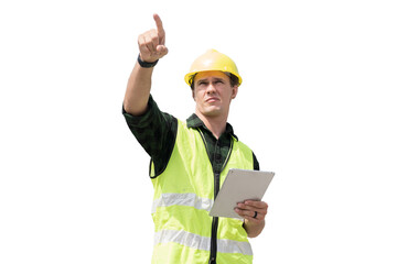 Portrait of male engineer construction working on transparent background. Male construction builder standing on transparent background