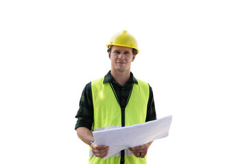 Portrait of male engineer construction working on transparent background. Male construction builder...