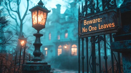 Haunted Cemetery Entrance with Glowing Victorian Lantern, Gothic Iron Gates and Warning Sign, Misty Atmospheric Graveyard in Twilight